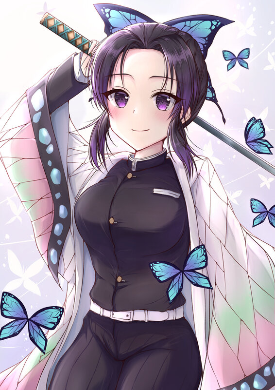 Anime Girl with Sword — Purple, Calm, Butterflies