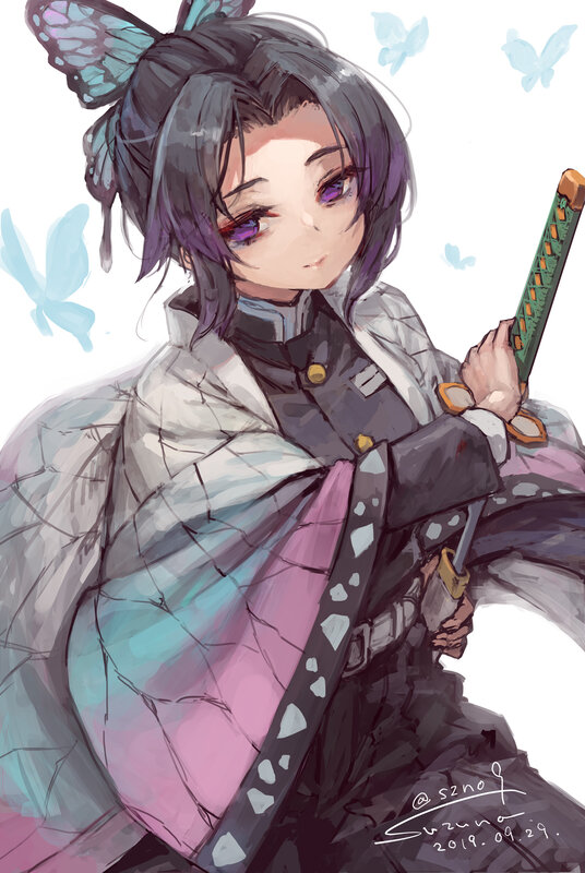 Anime Girl with Sword — Purple, Calm, Digital Art, Butterflies
