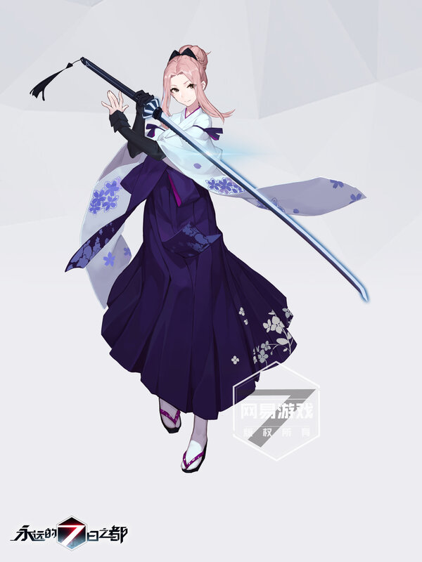 Anime Girl with Sword — Purple, Calm, Digital Art, Kimono