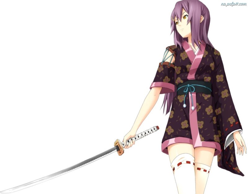Anime Girl with Sword — Purple, Calm, Kimono, Knee-high Socks