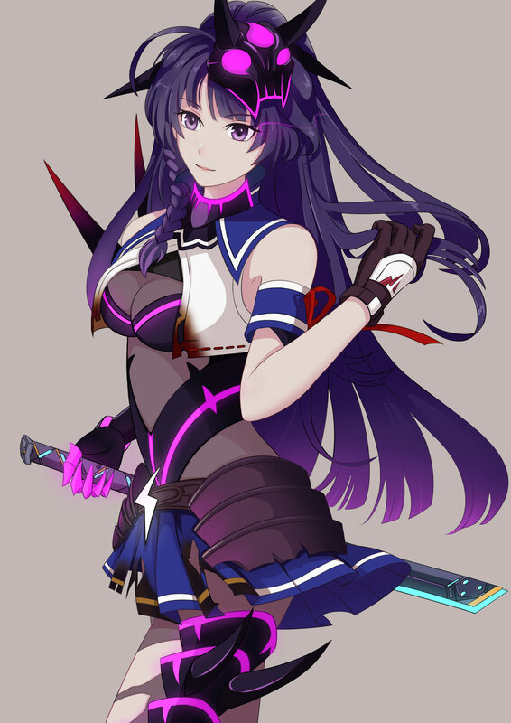 Anime Girl with Sword — Purple, Confident, Digital Art, Mask