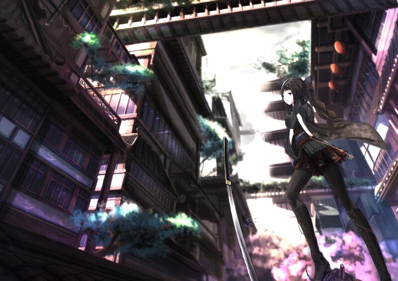 Anime Girl with Sword — Purple, Dramatic, Afternoon, Digital Art, Buildings