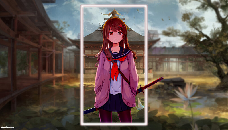 Anime Girl with Sword — Purple, Dramatic, Afternoon, Digital Art, Temple