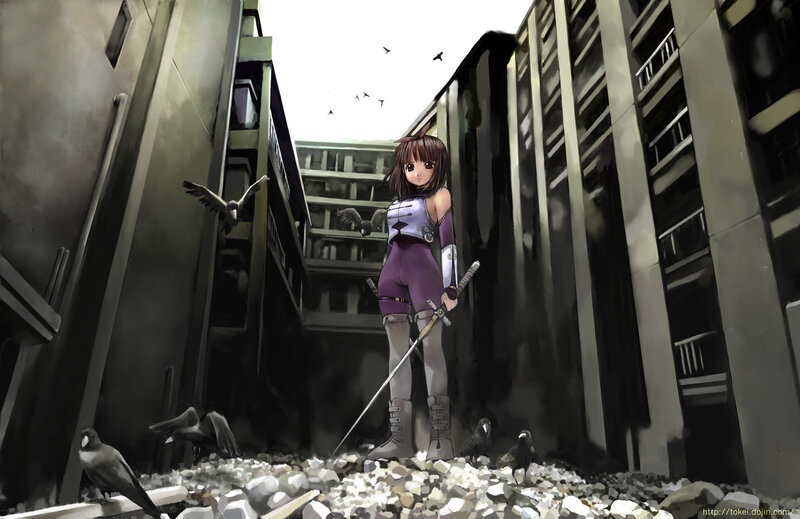 Anime Girl with Sword — Purple, Dramatic, Birds