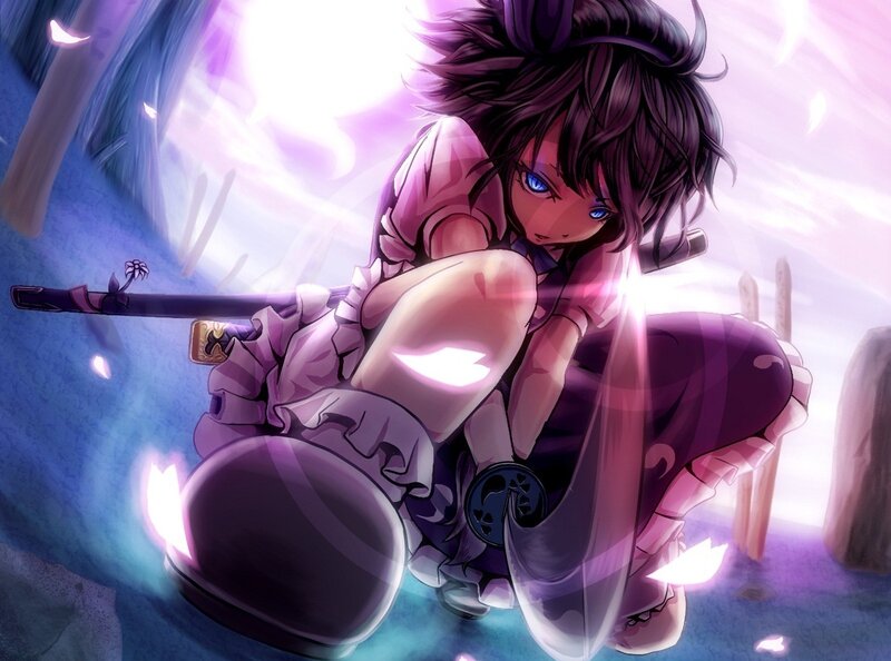 Anime Girl with Sword — Purple, Dramatic, Blue Eyes