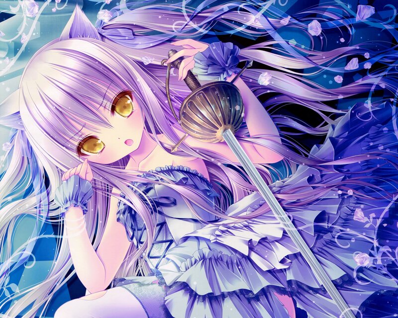 Anime Girl with Sword — Purple, Dramatic, Cat Ears, Long Hair