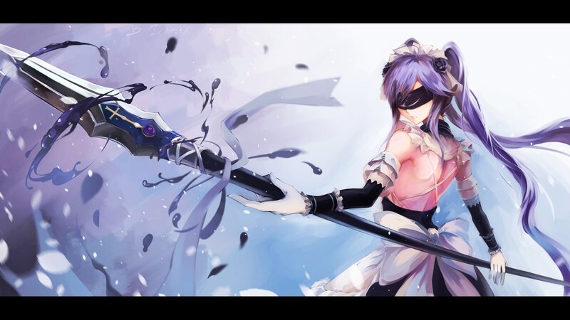 Anime Girl with Sword — Purple, Dramatic, Digital Art, Blindfold