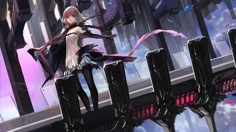 Anime Girl with Sword — Purple, Dramatic, Digital Art, Cape, Clouds