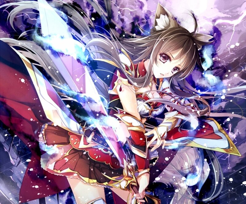 Anime Girl with Sword — Purple, Dramatic, Digital Art, Cat Ears