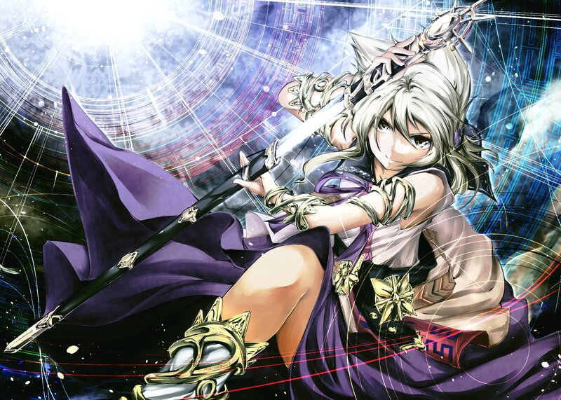 Anime Girl with Sword — Purple, Dramatic, Digital Art, Cloak