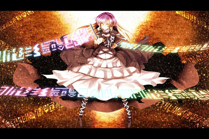 Anime Girl with Sword — Purple, Dramatic, Digital Art, Dress, Glowing Text