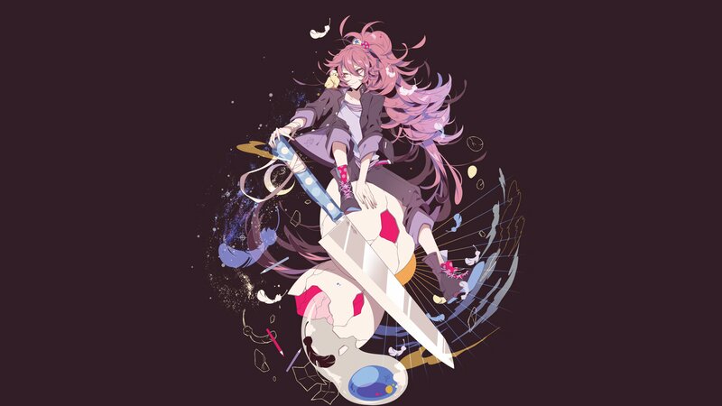 Anime Girl with Sword — Purple, Dramatic, Digital Art, Feathers