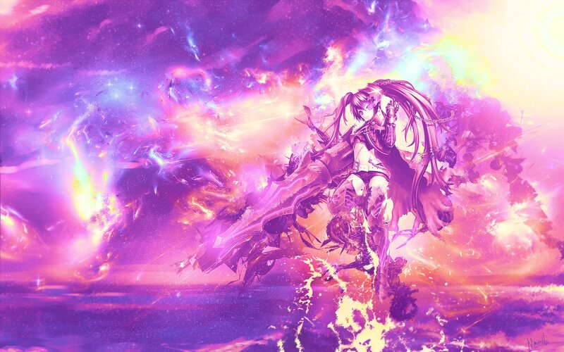 Anime Girl with Sword — Purple, Dramatic, Digital Art, Fire