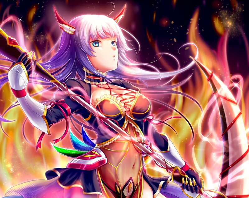 Anime Girl with Sword — Purple, Dramatic, Digital Art, Flames
