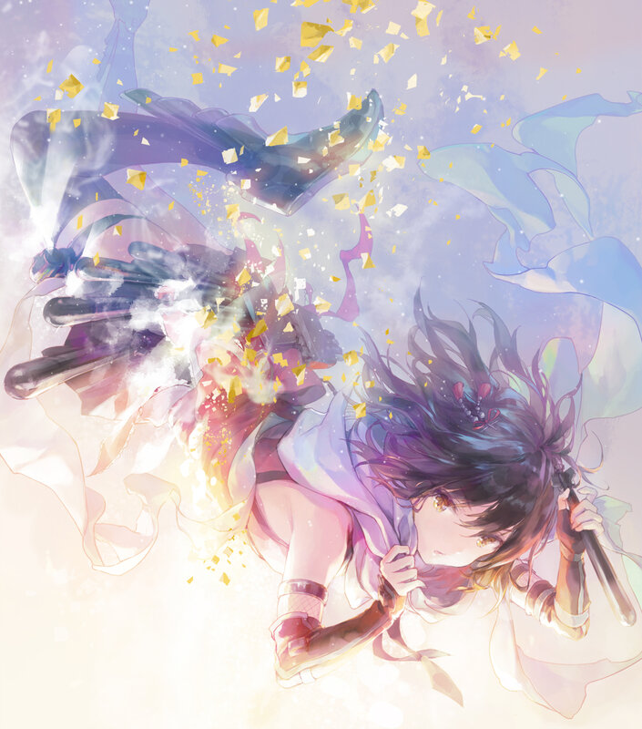 Anime Girl with Sword — Purple, Dramatic, Digital Art, Gold Confetti