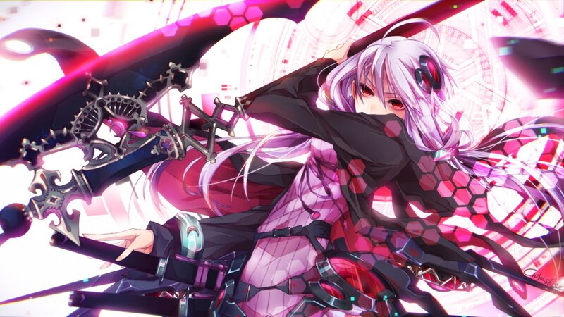 Anime Girl with Sword — Purple, Dramatic, Digital Art, Headphones, Hexagons