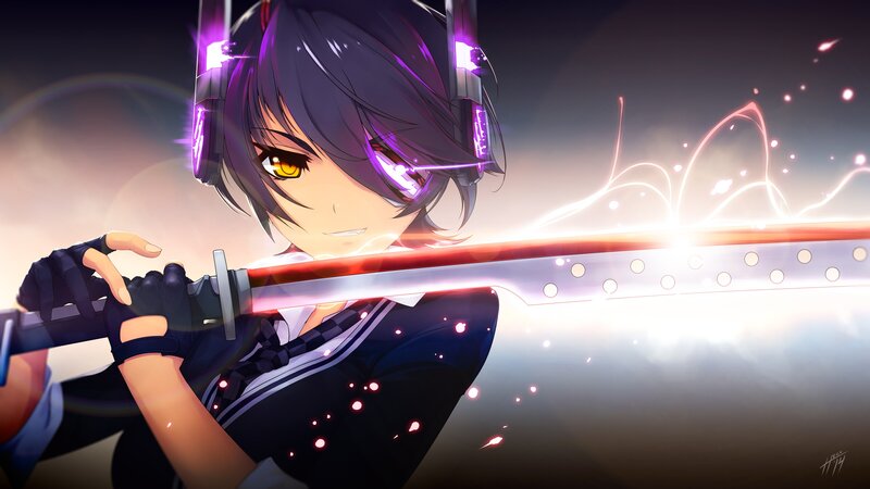 Anime Girl with Sword — Purple, Dramatic, Digital Art, Headphones, Yellow Eyes