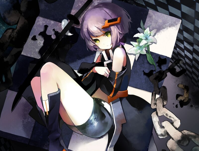 Anime Girl with Sword — Purple, Dramatic, Digital Art, Lily Flower