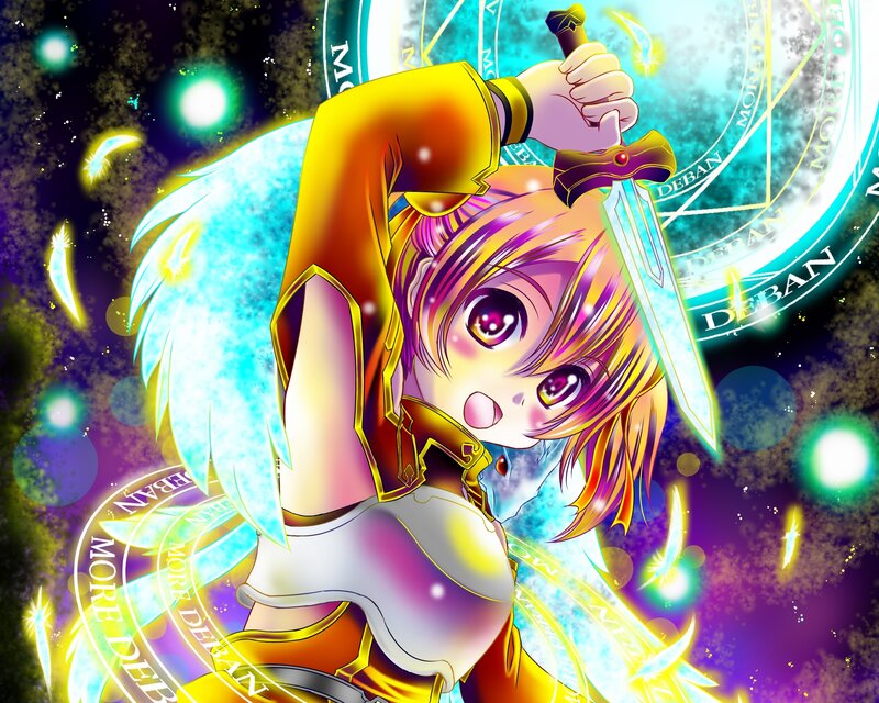 Anime Girl with Sword — Purple, Dramatic, Digital Art, Magic Circle, Feathers