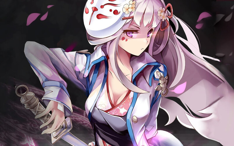Anime Girl with Sword — Purple, Dramatic, Digital Art, Mask, Flowers