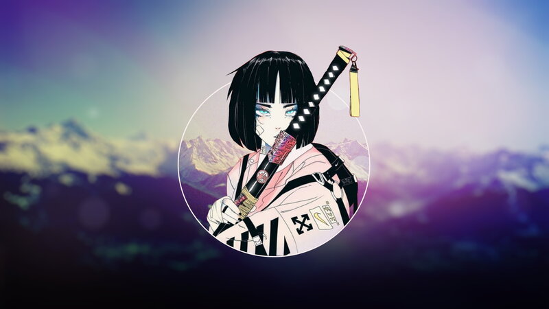 Anime Girl with Sword — Purple, Dramatic, Digital Art, Mountains
