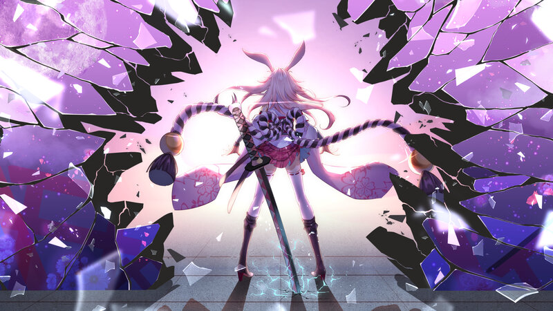 Anime Girl with Sword — Purple, Dramatic, Digital Art, Rabbit Ears