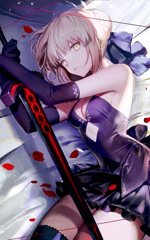 Anime Girl with Sword — Purple, Dramatic, Digital Art, Rose Petals