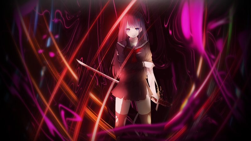 Anime Girl with Sword — Purple, Dramatic, Digital Art, School Uniform, Light Streaks