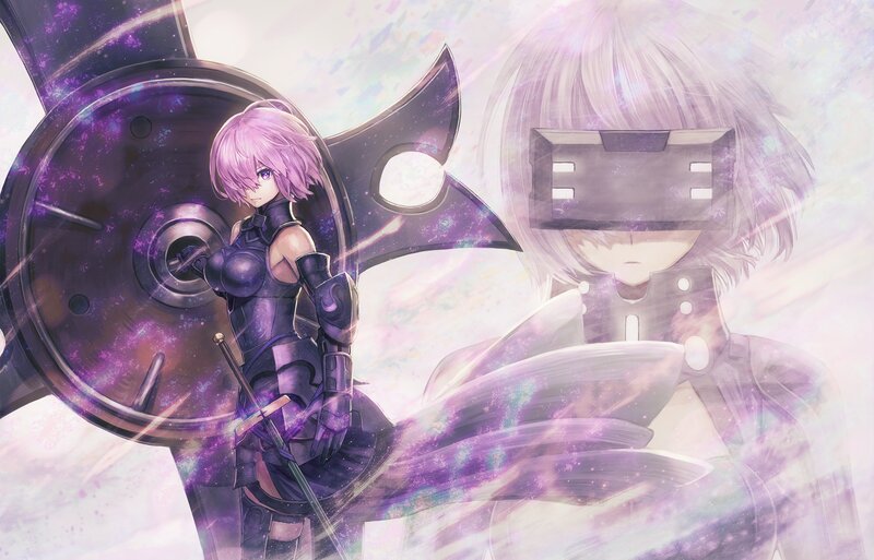 Anime Girl with Sword — Purple, Dramatic, Digital Art, Shield, Robot