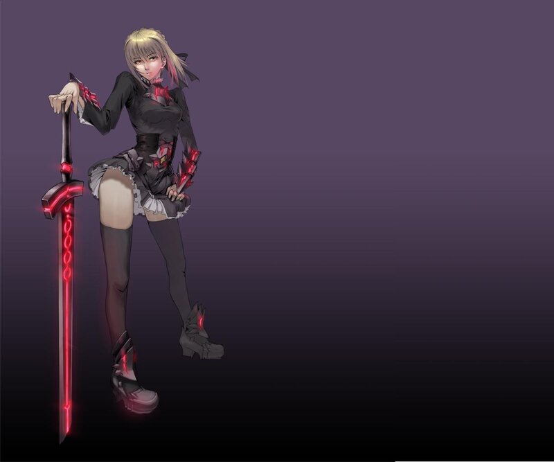 Anime Girl with Sword — Purple, Dramatic, Digital Art, Skirt, Knee-high Socks