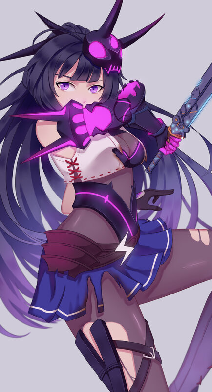 Anime Girl with Sword — Purple, Dramatic, Digital Art, Skull Helmet