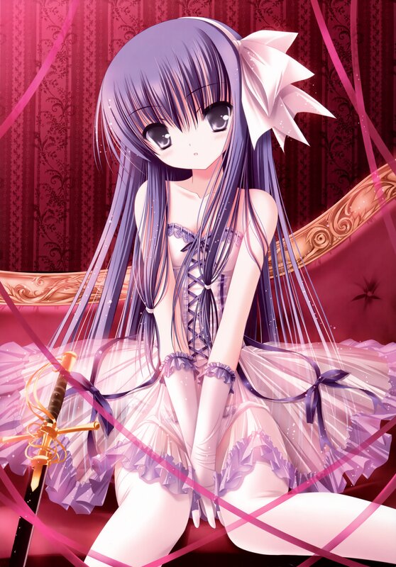 Anime Girl with Sword — Purple, Dramatic, Dress, Chair