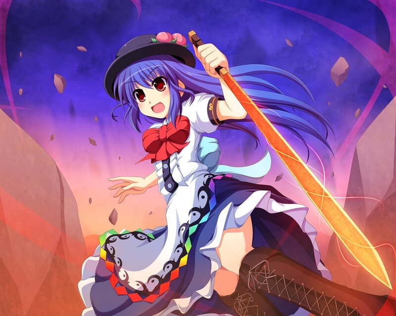 Anime Girl with Sword — Purple, Dramatic, Hat, Dress