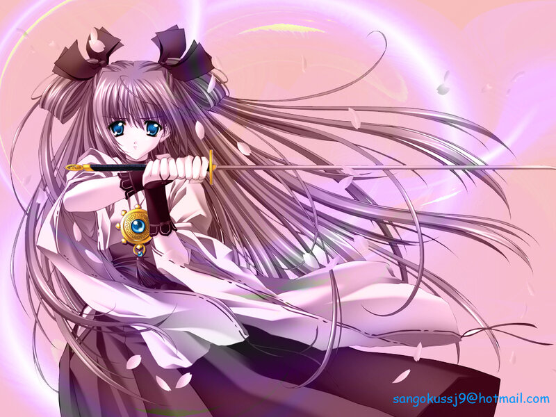 Anime Girl with Sword — Purple, Dramatic, Long Hair, Bows
