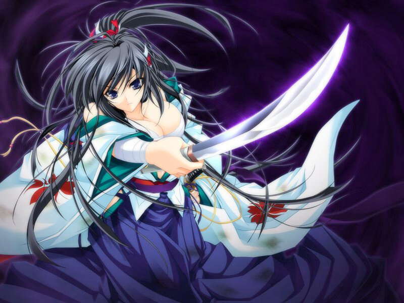 Anime Girl with Sword — Purple, Dramatic, Long Hair, Kimono