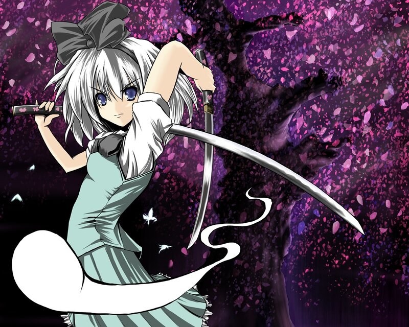 Anime Girl with Sword — Purple, Dramatic, Night, Cherry Blossoms