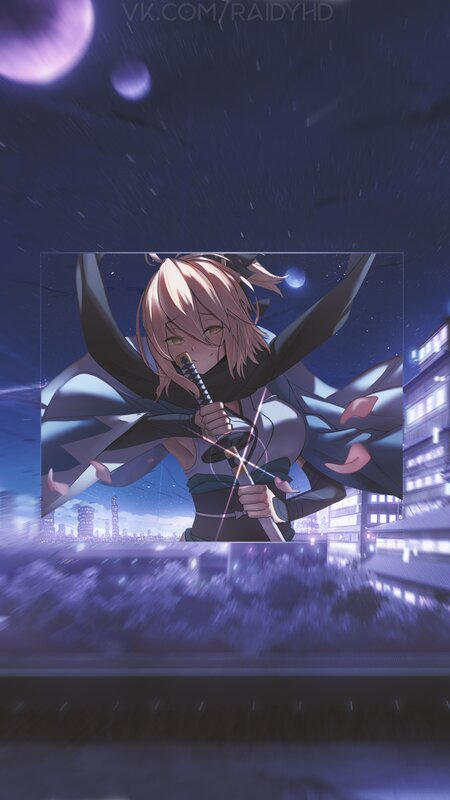 Anime Girl with Sword — Purple, Dramatic, Night, Cityscape