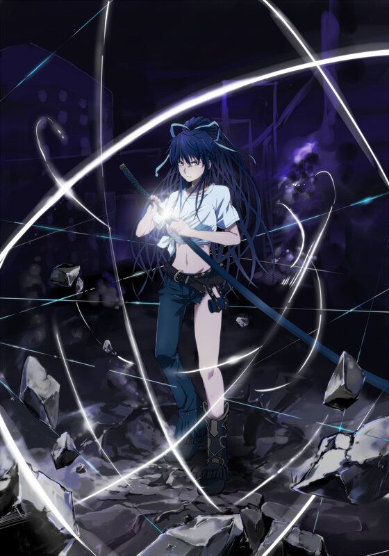 Anime Girl with Sword — Purple, Dramatic, Night, Debris