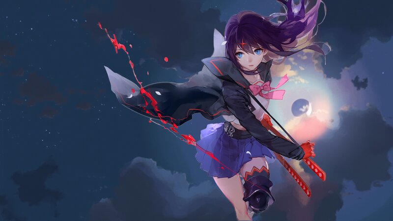 Anime Girl with Sword — Purple, Dramatic, Night, Digital Art, Blood