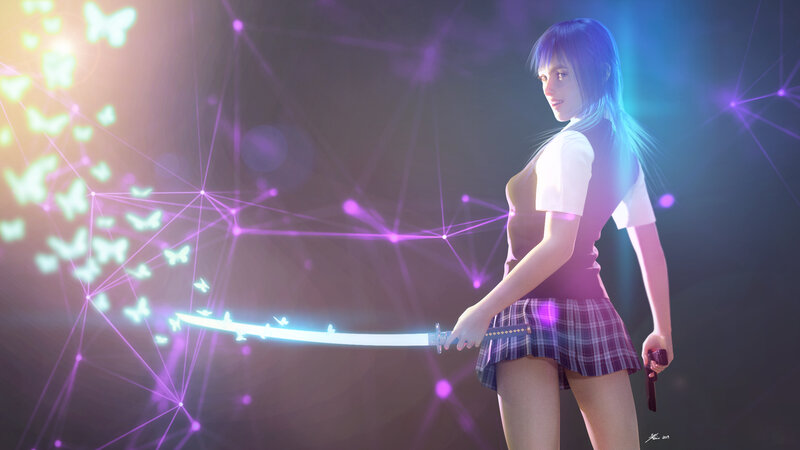 Anime Girl with Sword — Purple, Dramatic, Night, Digital Art, Butterflies, Network Lines