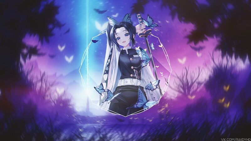 Anime Girl with Sword — Purple, Dramatic, Night, Digital Art, Butterflies