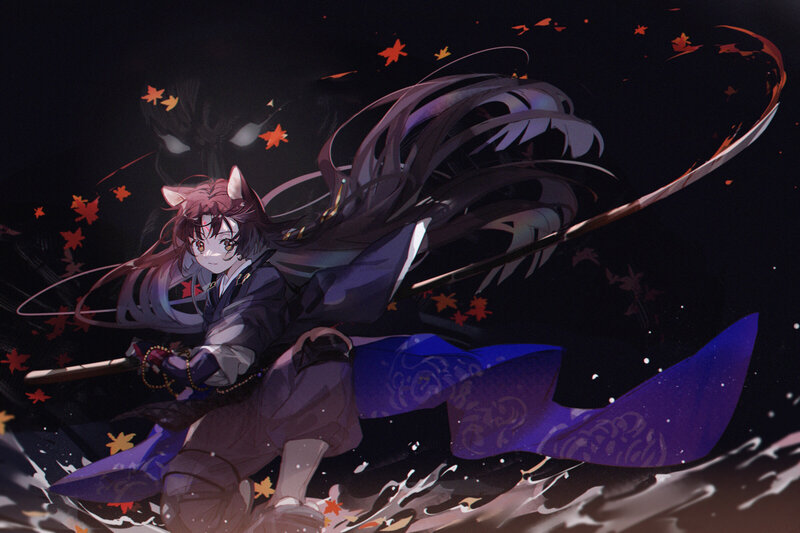 Anime Girl with Sword — Purple, Dramatic, Night, Digital Art, Cat Ears, Falling Leaves