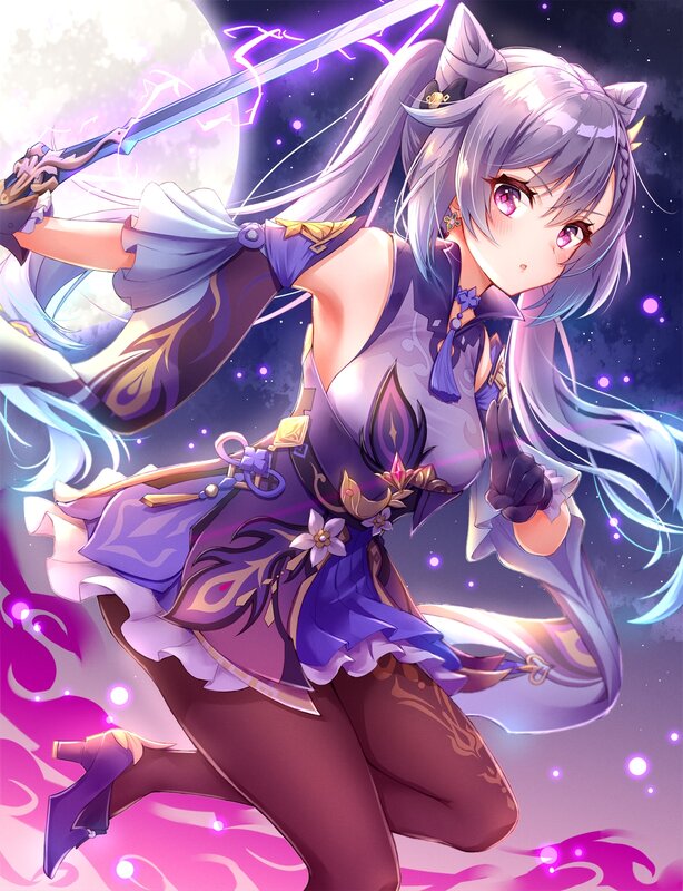 Anime Girl with Sword — Purple, Dramatic, Night, Digital Art, Cat Ears, Moon