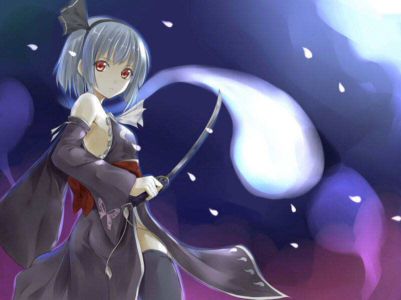 Anime Girl with Sword — Purple, Dramatic, Night, Digital Art, Cherry Blossoms, Dark Background