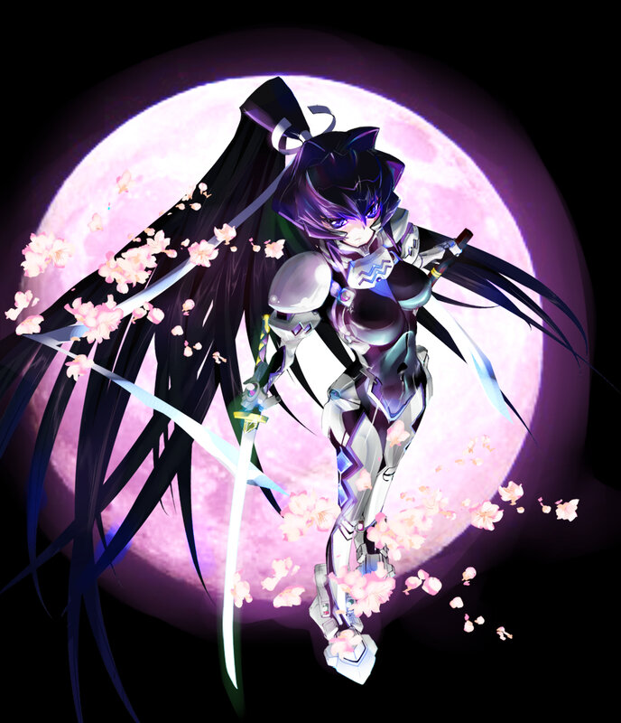 Anime Girl with Sword — Purple, Dramatic, Night, Digital Art, Cherry Blossoms, Moon, Black
