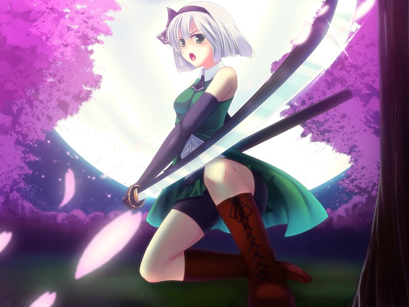 Anime Girl with Sword — Purple, Dramatic, Night, Digital Art, Cherry Blossoms, Moon