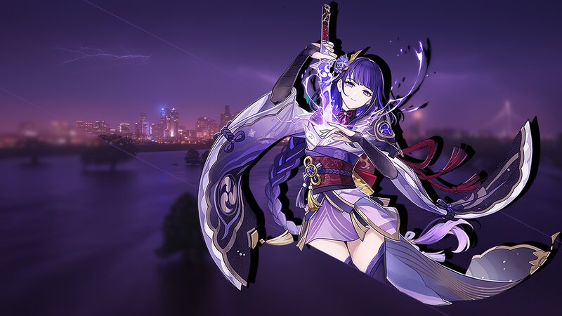 Anime Girl with Sword — Purple, Dramatic, Night, Digital Art, Cityscape, Lightning