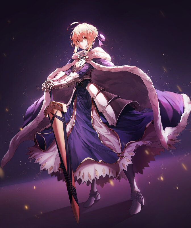 Anime Girl with Sword — Purple, Dramatic, Night, Digital Art, Cloak, Armor