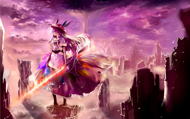 Anime Girl with Sword — Purple, Dramatic, Night, Digital Art, Clouds