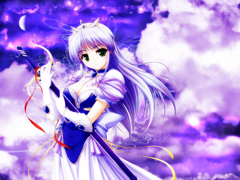 Anime Girl with Sword — Purple, Dramatic, Night, Digital Art, Crown, Moon
